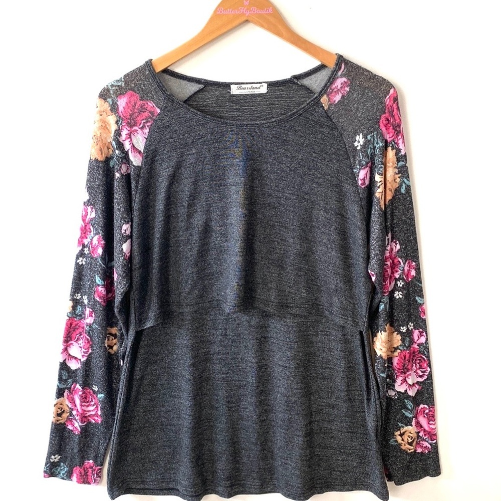 Bea Island Long-sleeve floral 1/2 tier front boho blouse,‎ Gray, Size L